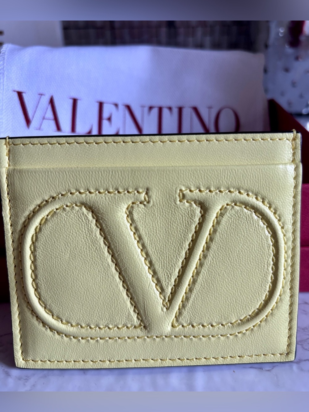 Valentino Pale Yellow Embossed V Card Holder